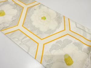 未使用品　亀甲に椿・牡丹模様織り出し　袋帯